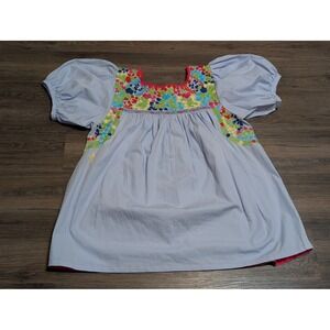 Mi Golondrina Catalina Mexico Embroidered Floral Puff Sleeve Blouse Blue Large